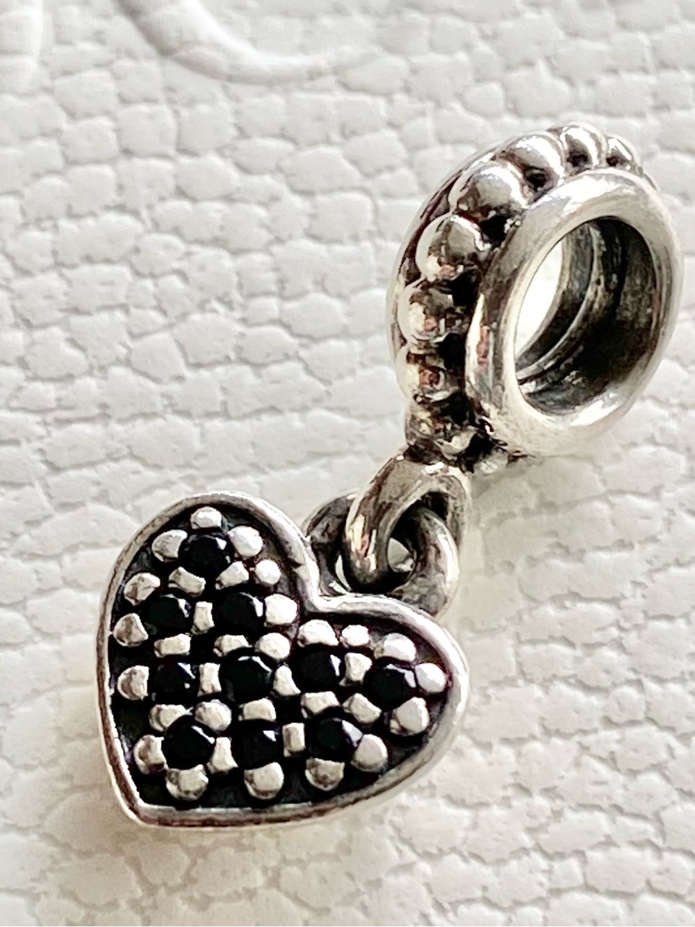 Authentic Pandora Sterling Silver Black Pave Dangle Heart Charm ~ Retired